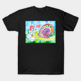 Snail tailor/seamstress sewing new cloths children illustration T-Shirt